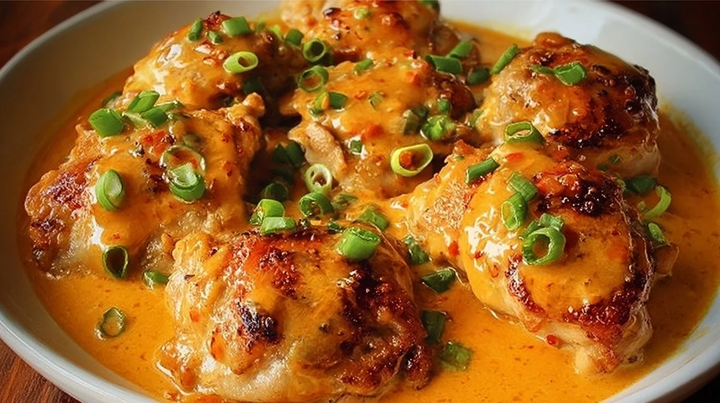 Skillet Bang Bang Chicken Thighs served in a pan, garnished with herbs