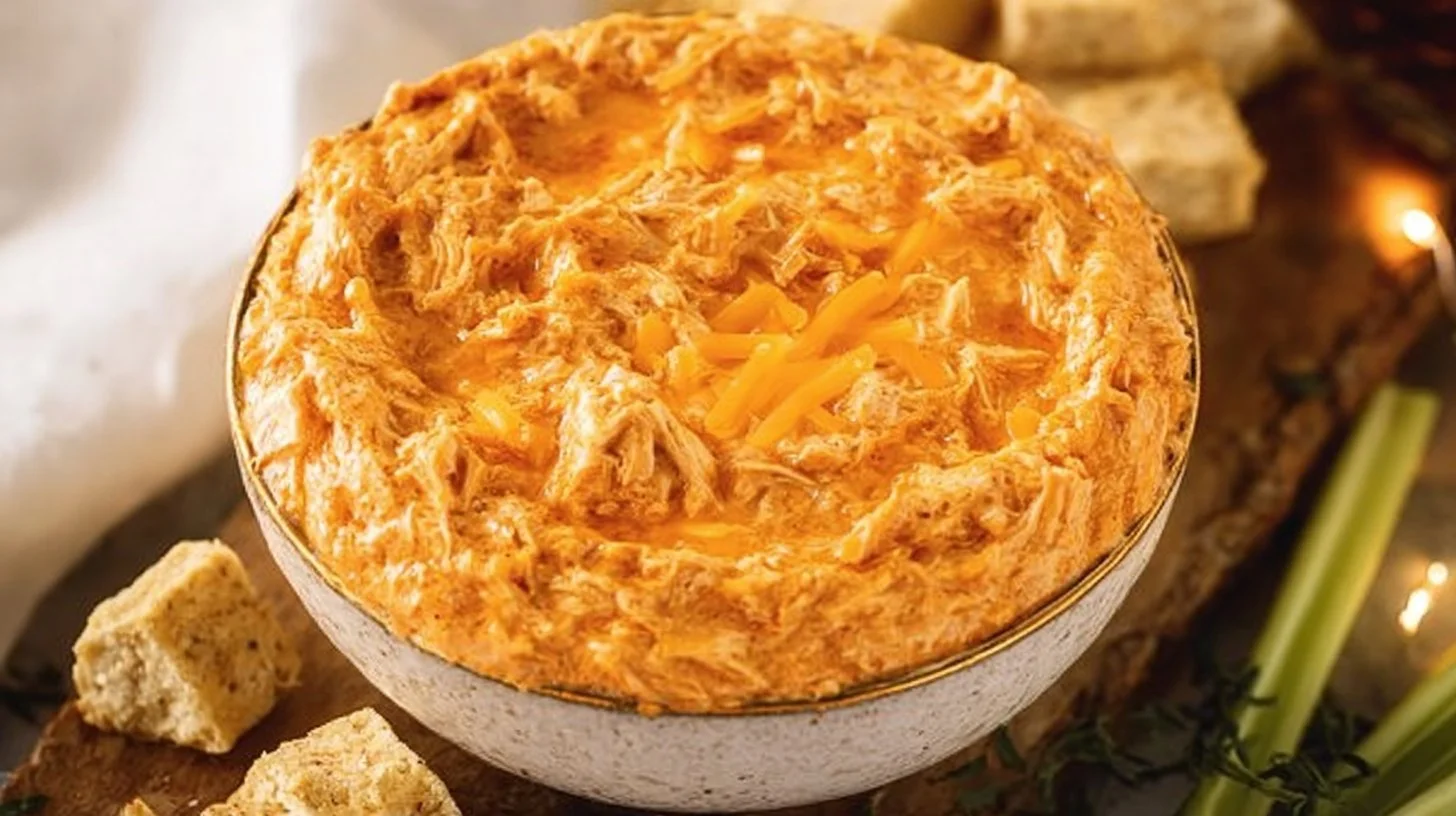 Delicious slow cooker buffalo chicken dip served in a bowl with tortilla chips.