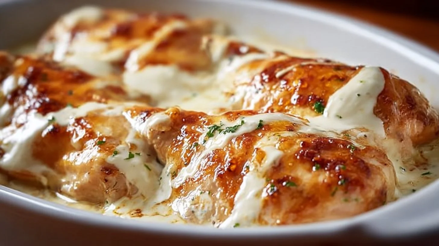 Delicious smothered cheesy sour cream chicken served on a plate.