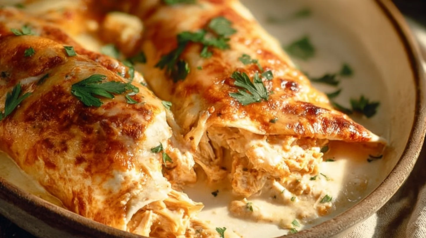 Delicious sour cream chicken enchiladas topped with melted cheese and cilantro