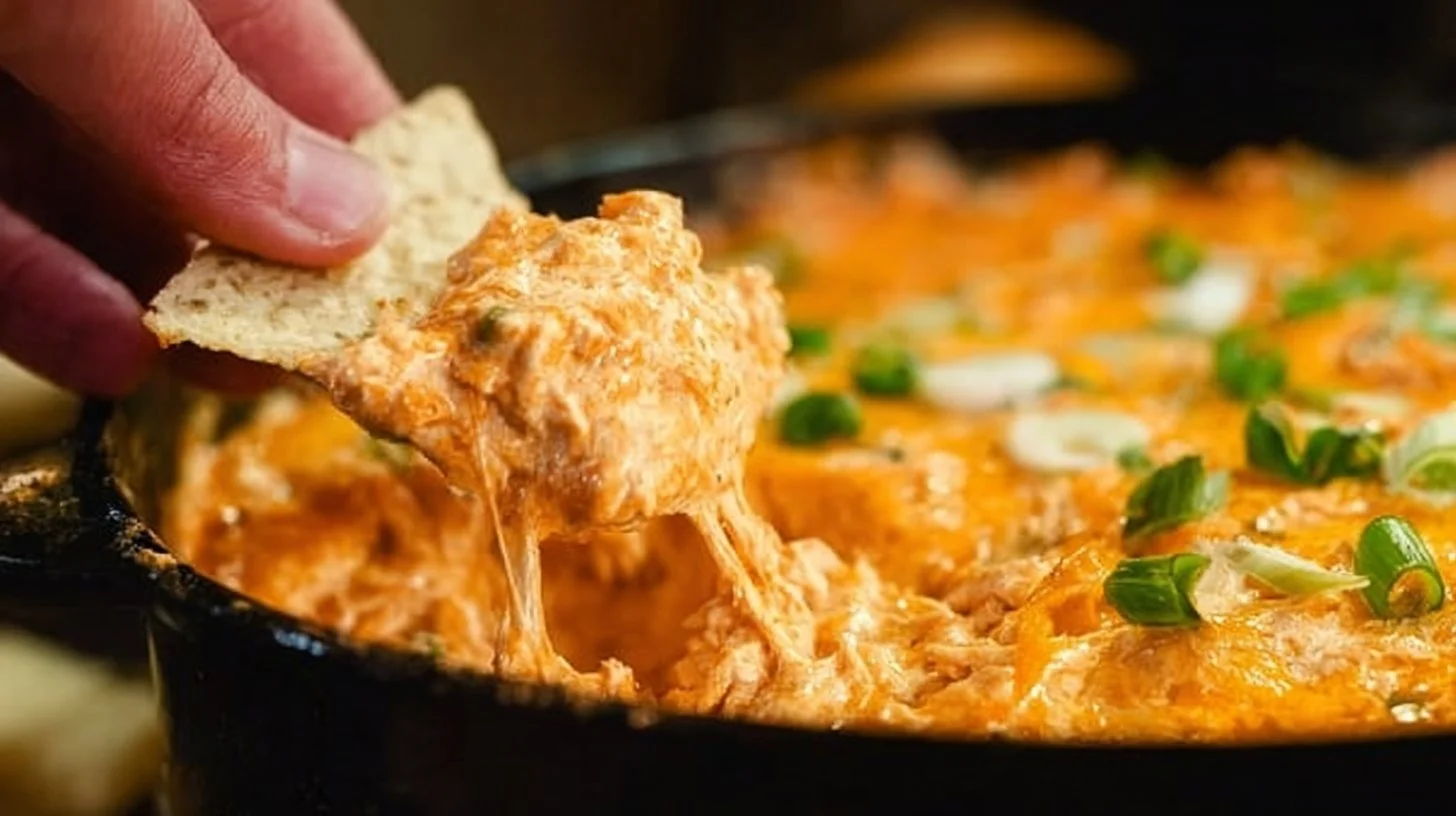 Delicious Spicy Buffalo Chicken Dip served in a dish with tortilla chips