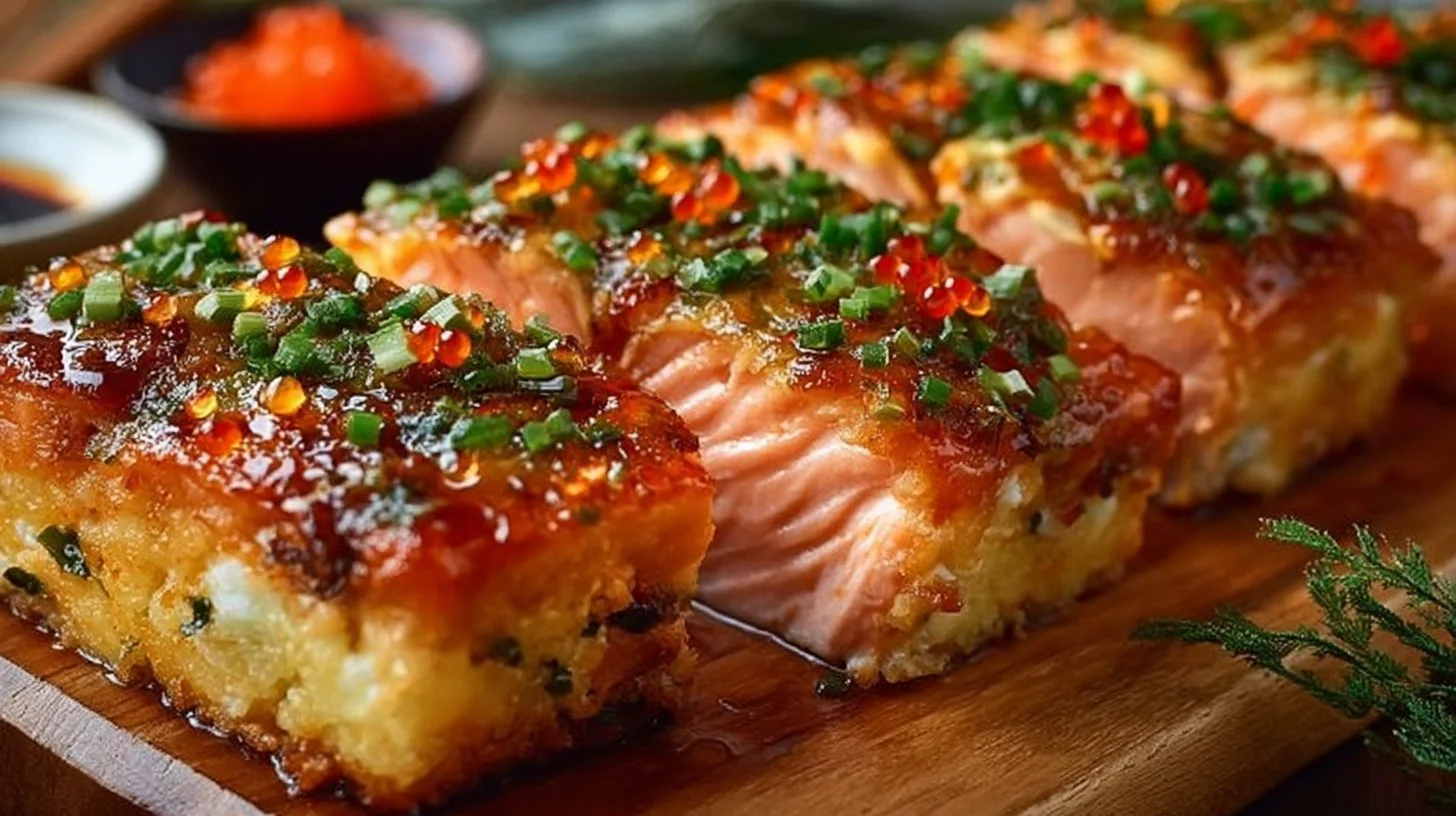 Baked Spicy Salmon Sushi casserole in a dish topped with green onions.