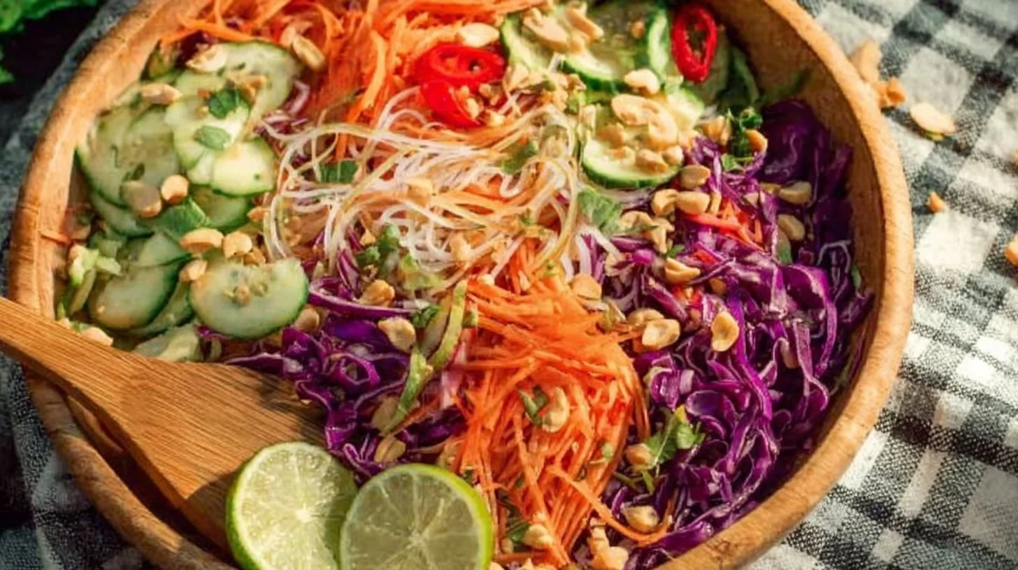 Delicious Spring Roll Salad with fresh vegetables and herbs in a bowl