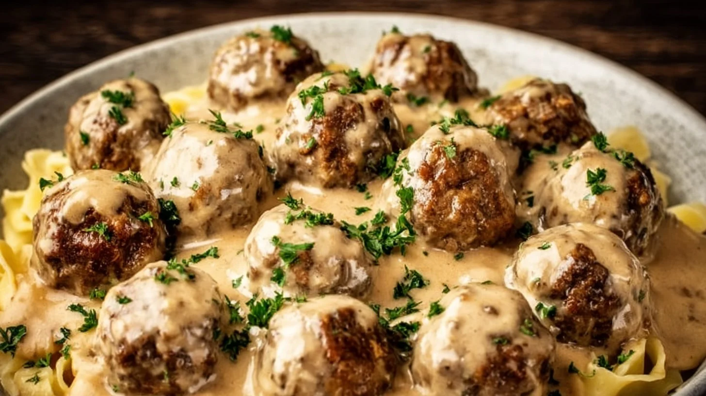 Delicious homemade Swedish meatballs served with creamy sauce and lingonberry jam.