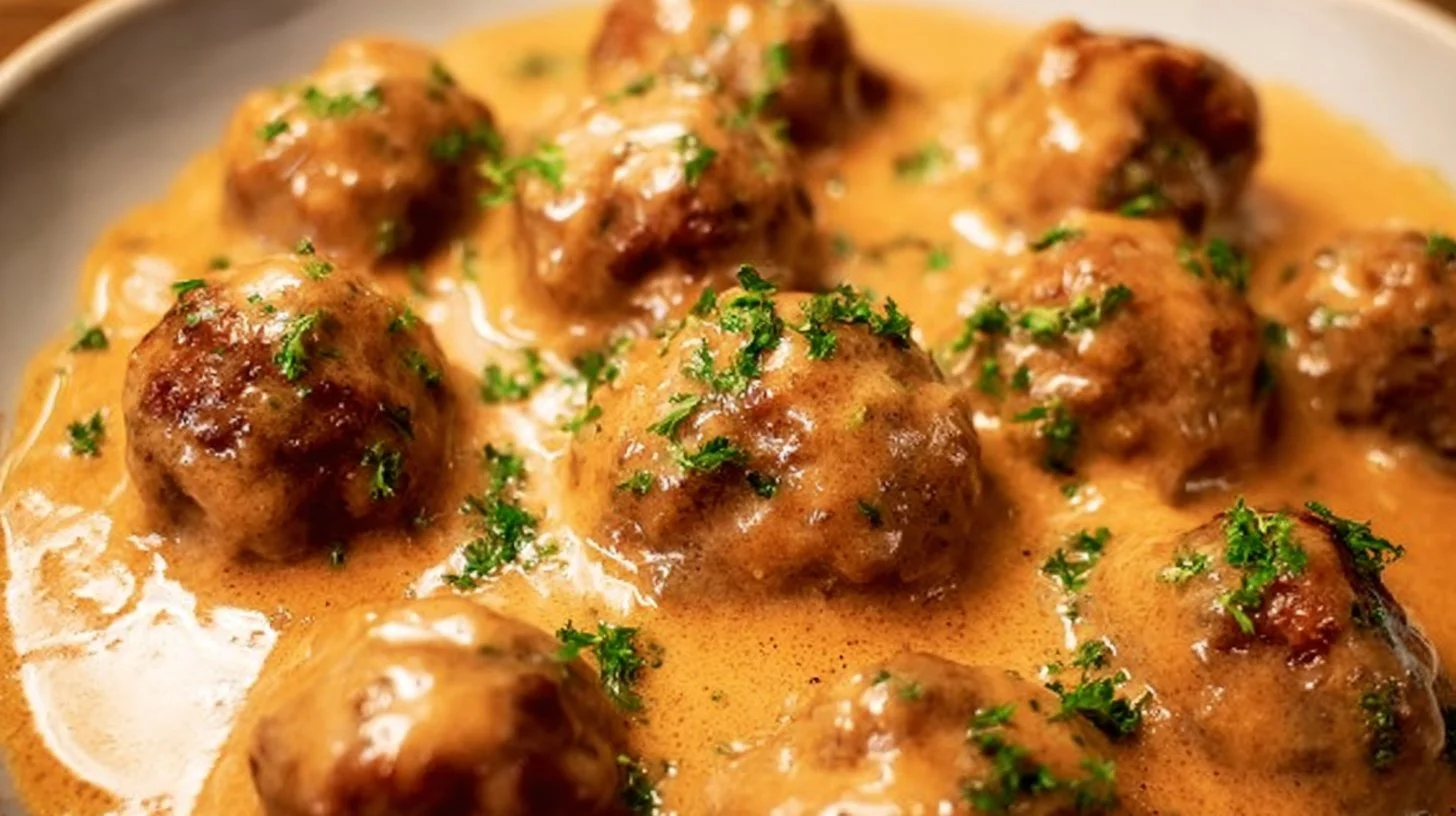 Plate of Swedish meatballs with creamy sauce and herbs