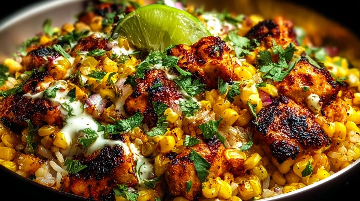 Delicious street corn chicken bowl topped with fresh ingredients and spices