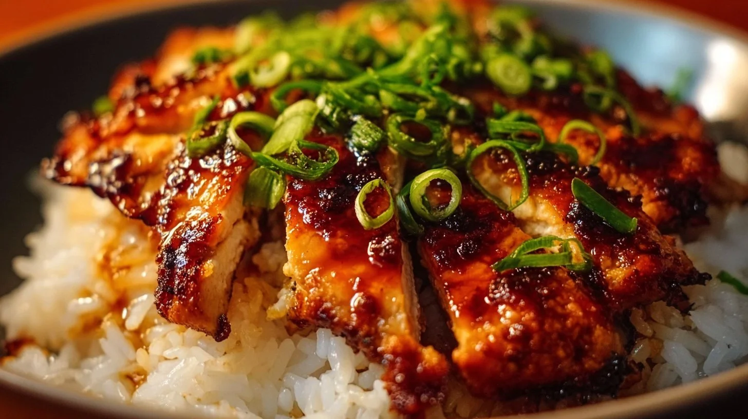 Deliciously cooked Teriyaki Chicken served with vegetables and rice.