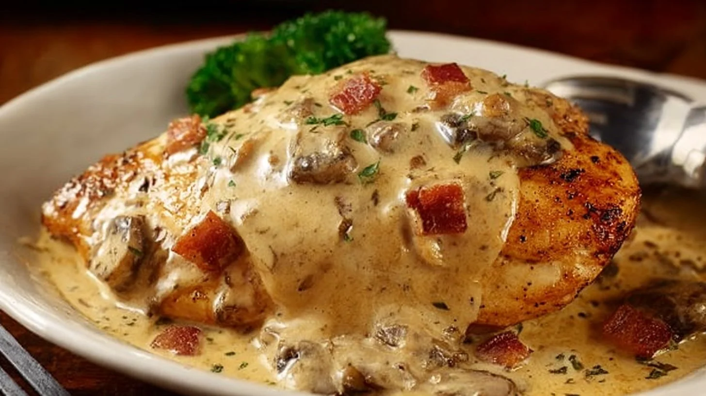 Delicious Texas Roadhouse Smothered Chicken with melted cheese and gravy