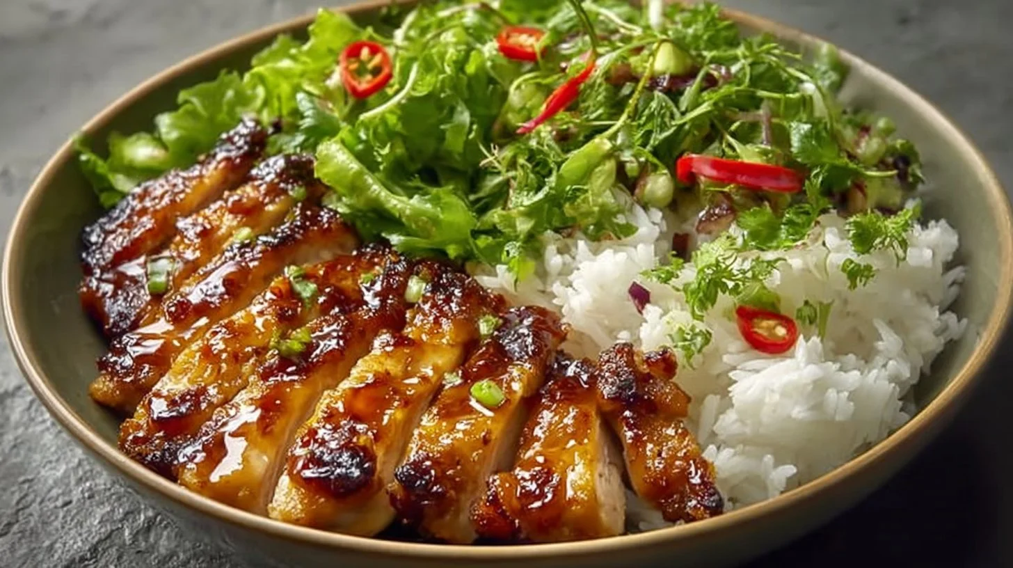 Delicious Vietnamese Lemongrass Chicken served with fresh herbs and rice