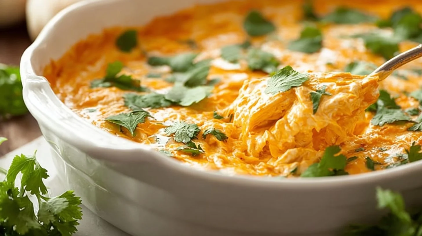 Whole30 friendly Buffalo Chicken Dip served in a bowl with celery sticks