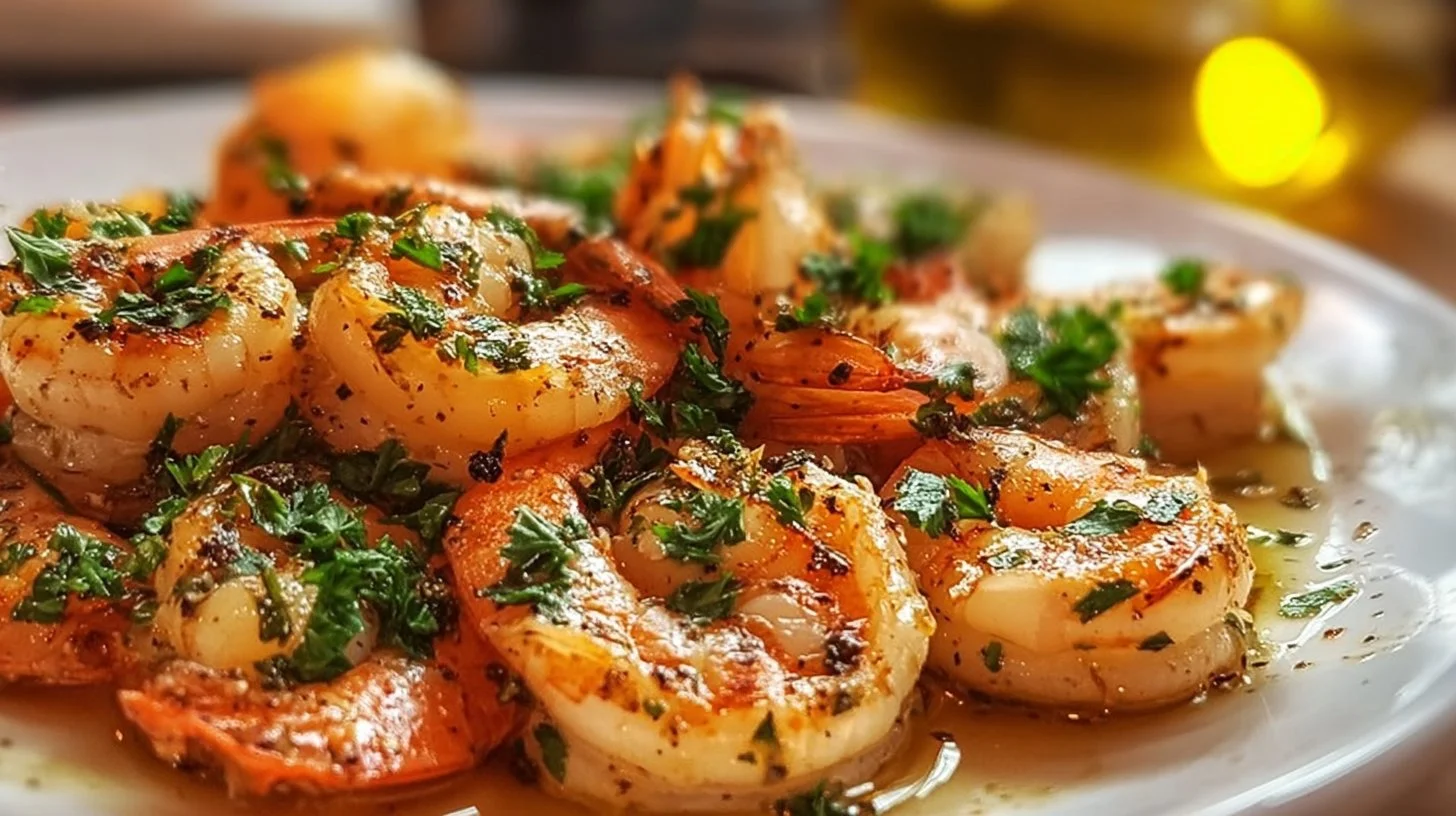 Garlic lemon shrimp served with fresh herbs and lemon slices