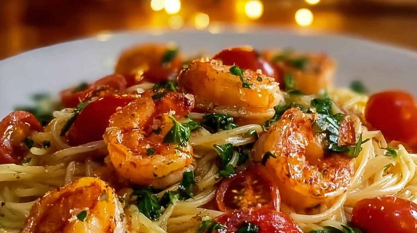 One pot shrimp pasta dish ready in 20 minutes, featuring fresh shrimp and pasta.