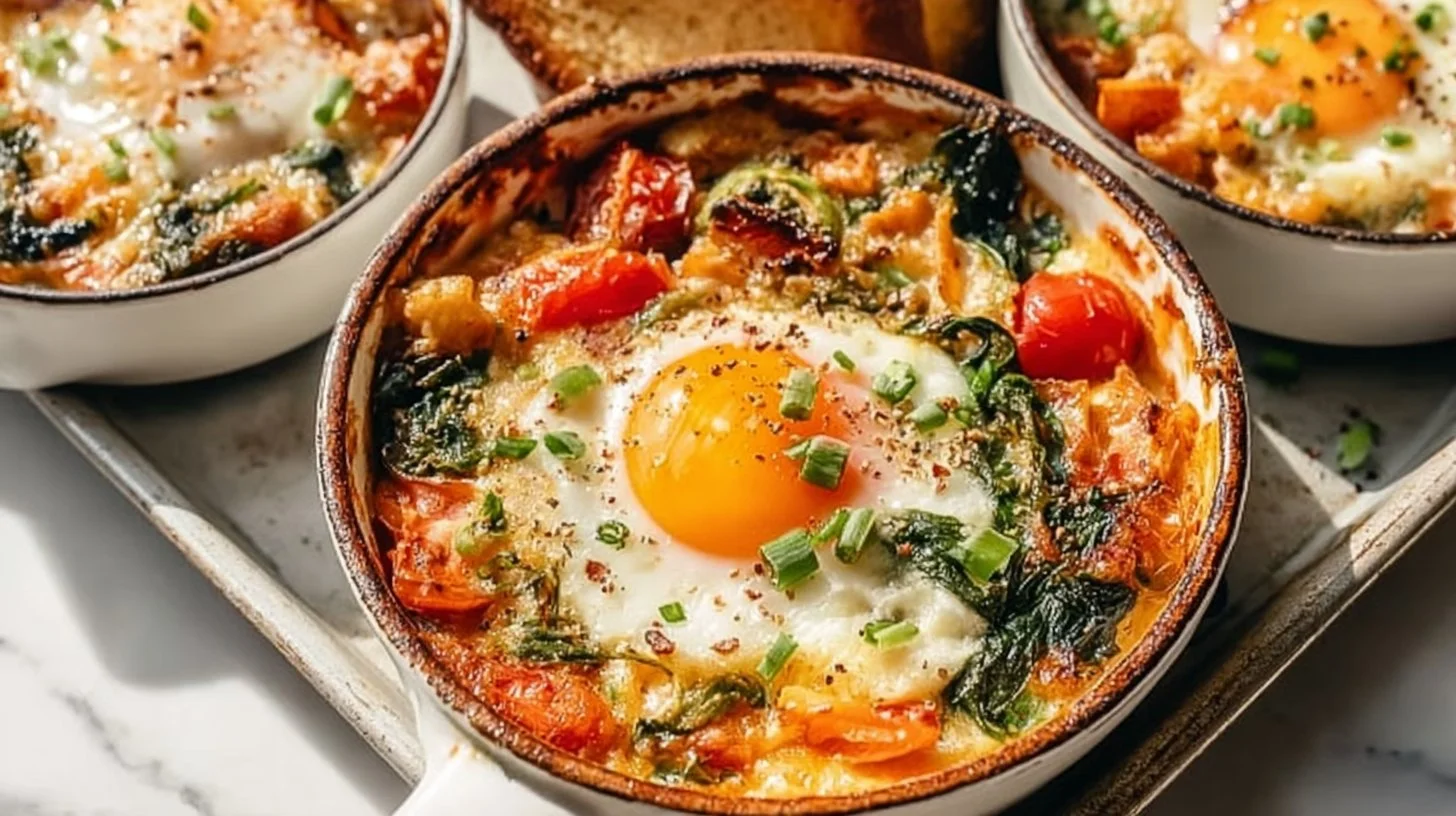 Delicious baked feta eggs with tomatoes and spinach in a rustic dish