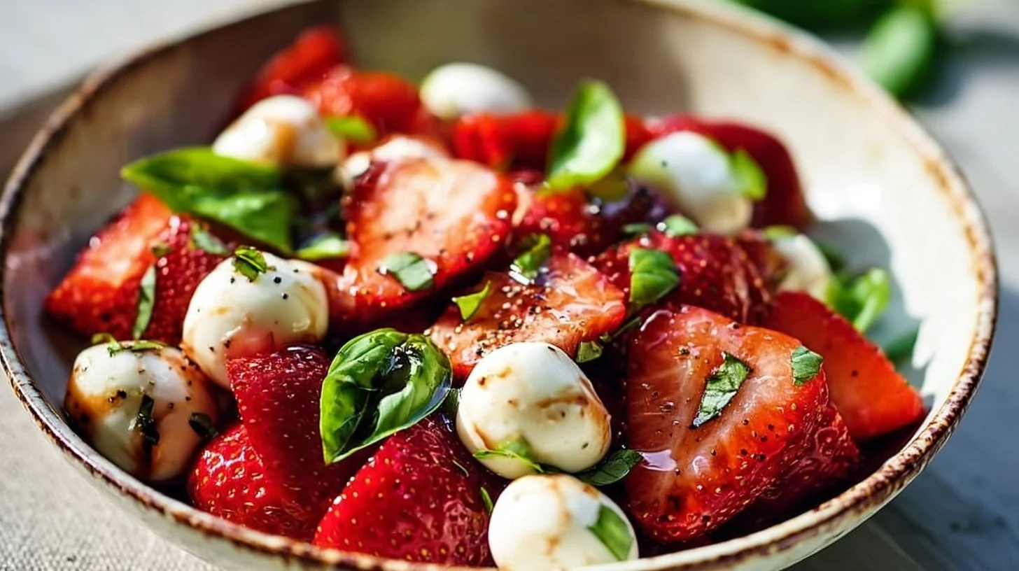 Delicious Balsamic Strawberry Caprese salad with fresh strawberries and mozzarella