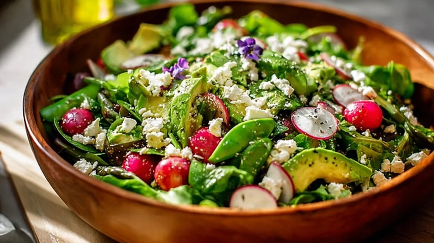 Colorful and fresh spring salad with seasonal vegetables and dressing