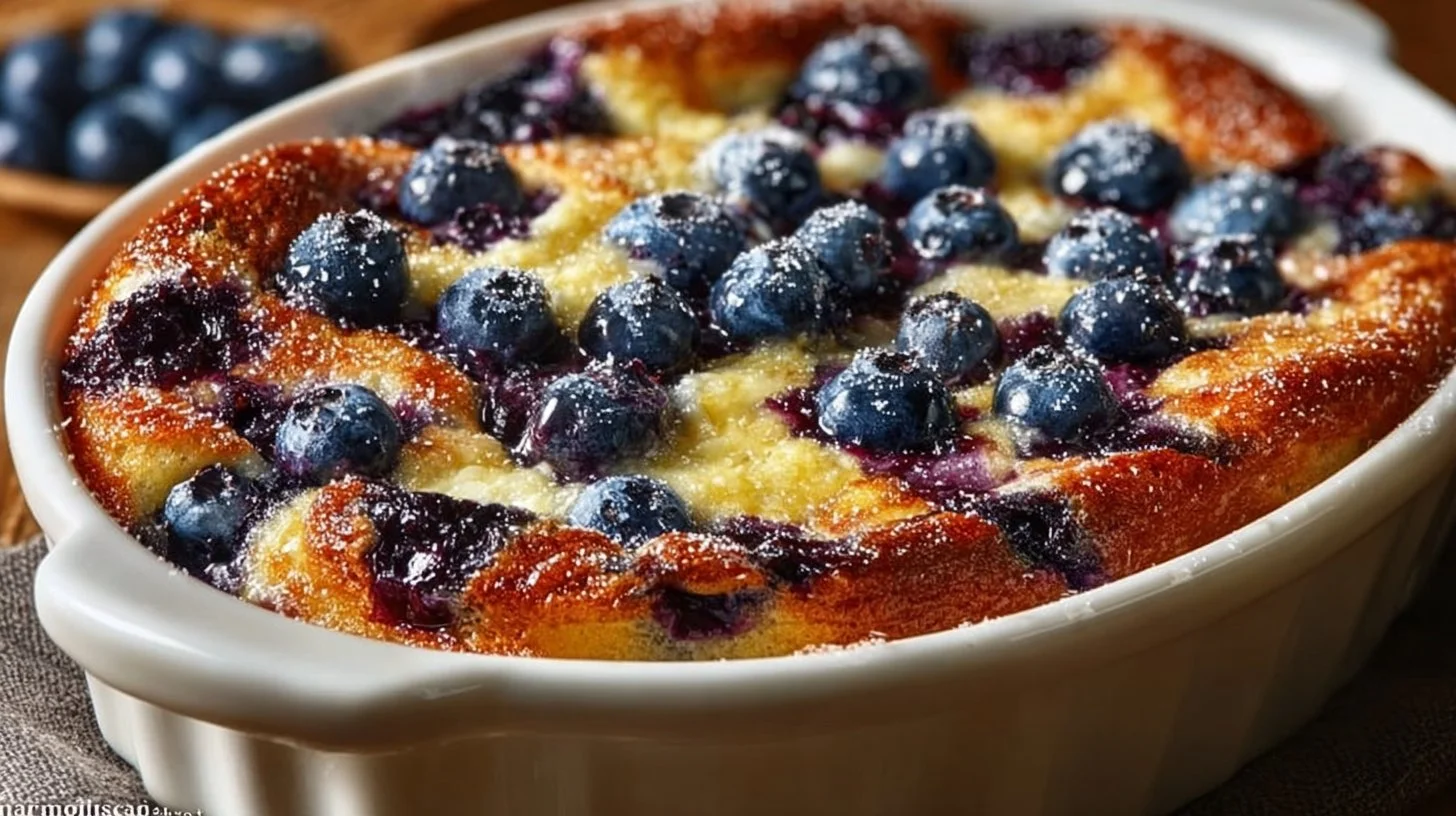 Blueberry buttermilk pancake casserole baked to perfection with fresh blueberries.