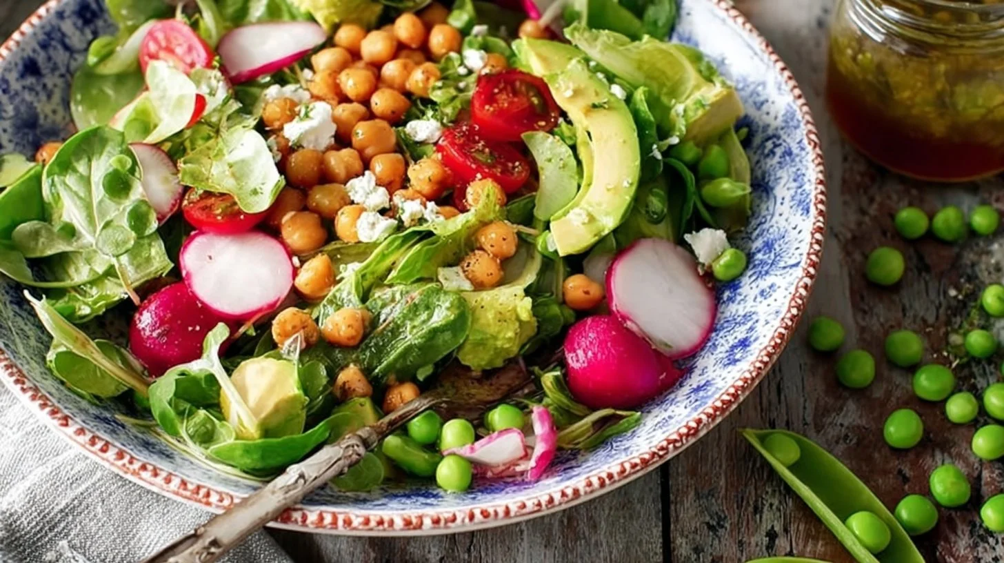 A colorful bright spring salad with fresh greens, cherry tomatoes, and radishes.