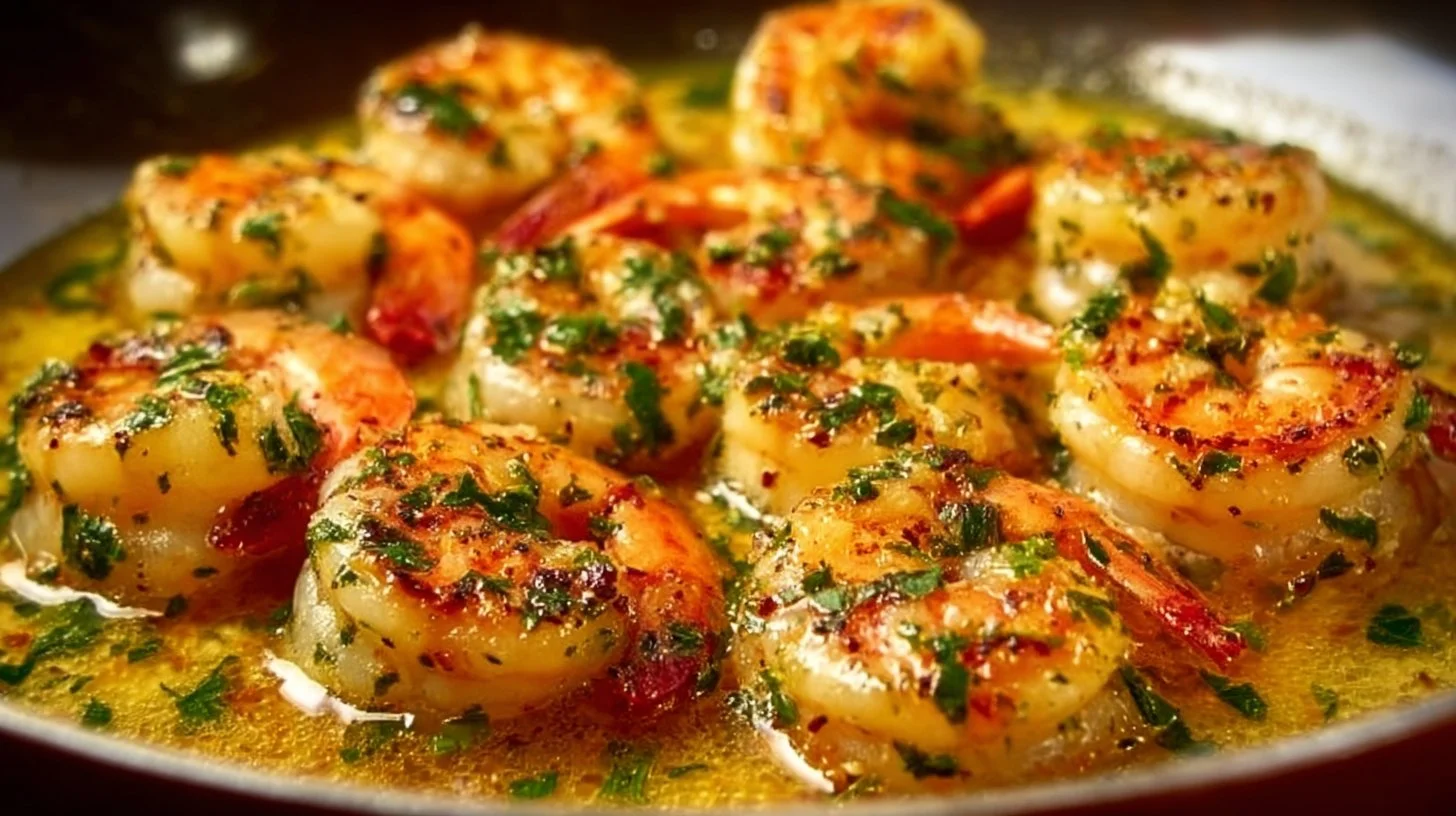 Delicious butter garlic shrimp cooked in a skillet with herbs and spices