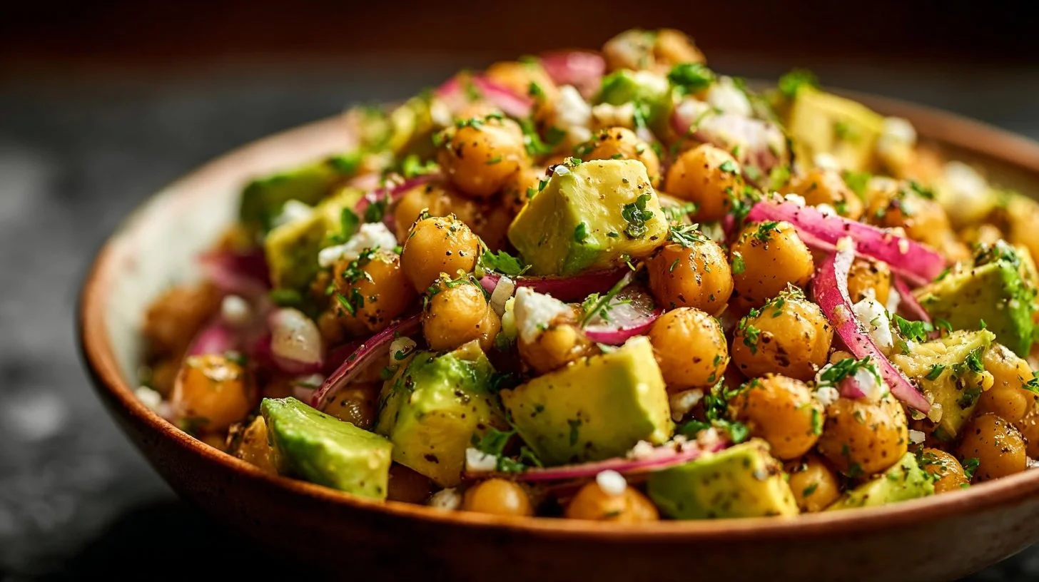 Chickpea salad with feta cheese and avocado in a bowl