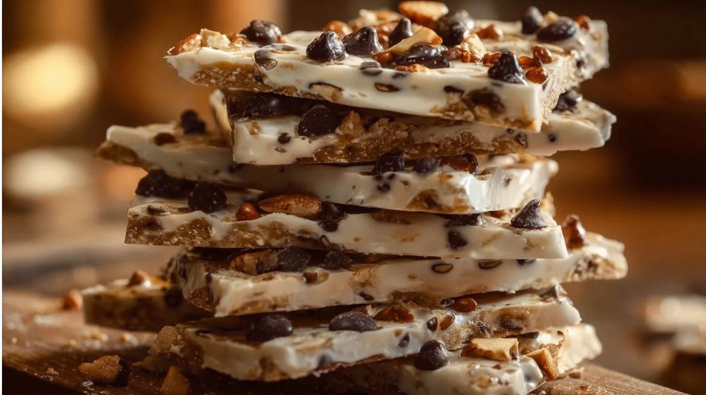 Delicious chocolate yogurt bark topped with nuts and berries