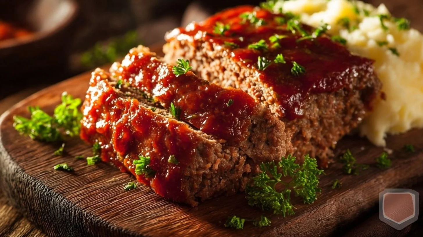 Delicious classic meatloaf cooked to perfection, served with garnish.