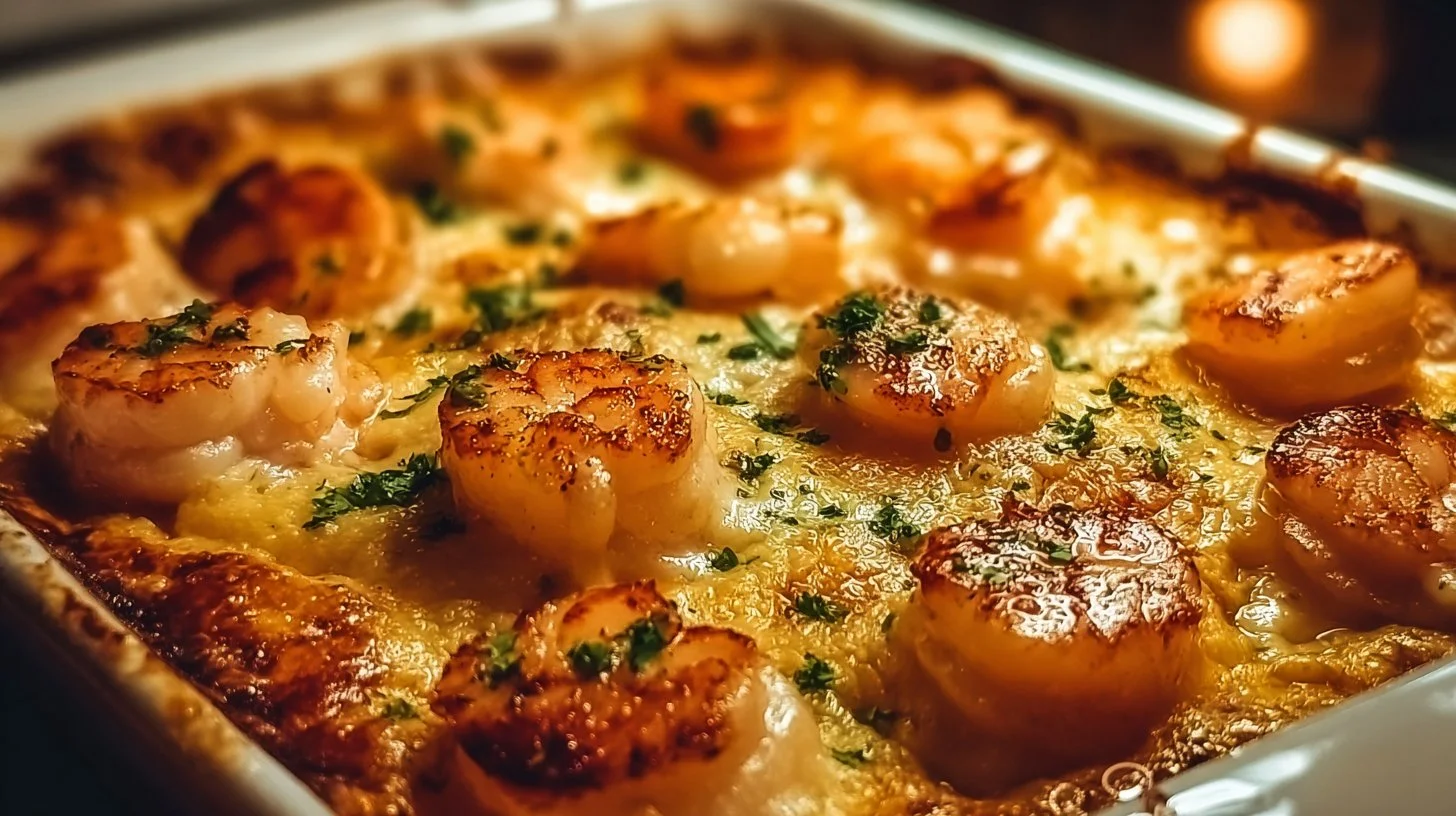 Cozy creamy seafood casserole topped with golden breadcrumbs and fresh herbs