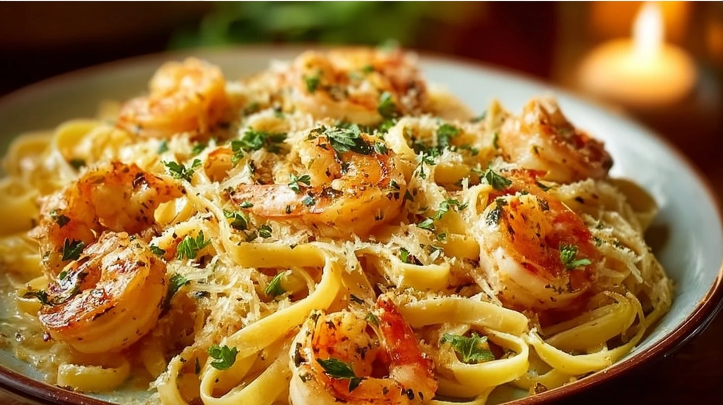 Plate of creamy garlic butter shrimp pasta garnished with parsley