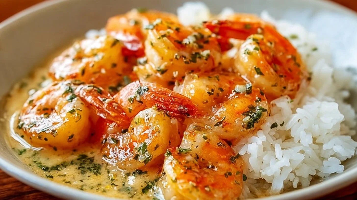 Creamy garlic butter shrimp served with fluffy rice in a delicious dish