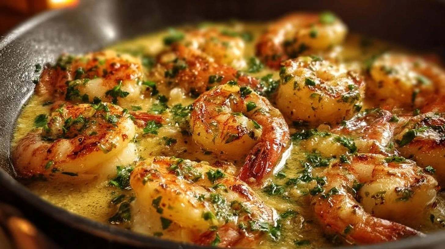 Creamy garlic shrimp served in a dish with fresh herbs and sauce
