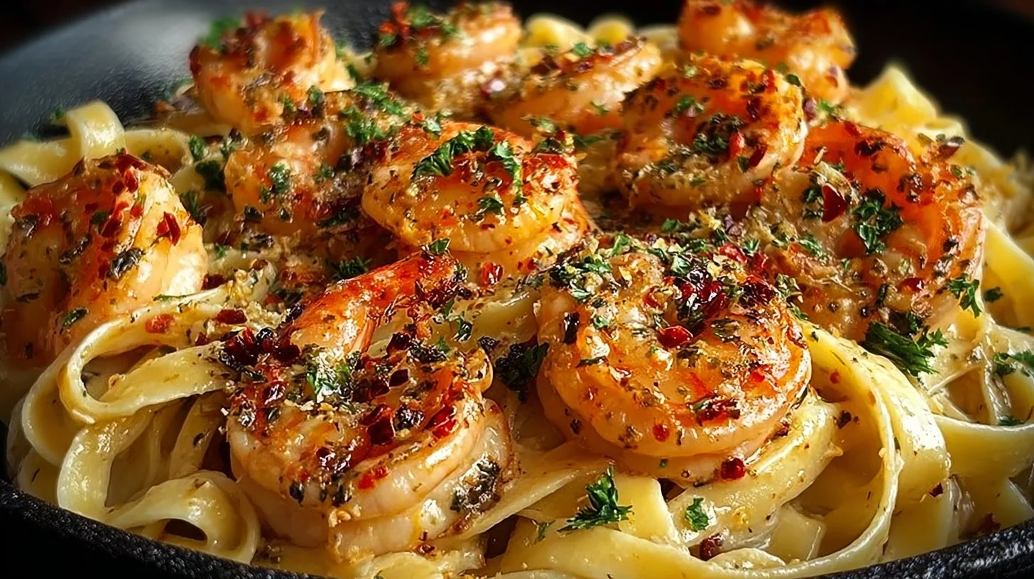Creamy Marry Me shrimp pasta dish garnished with herbs.