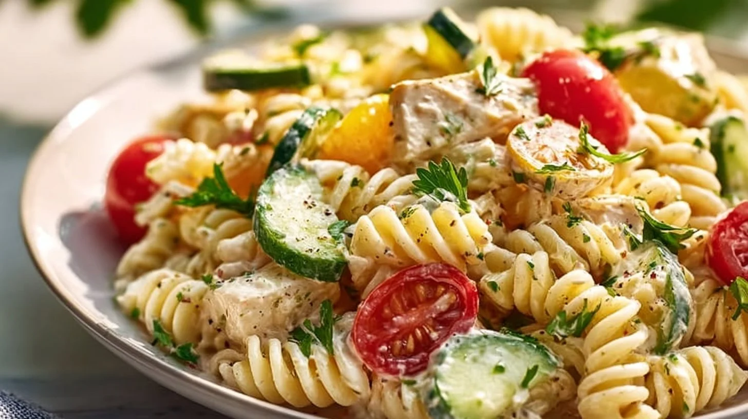 Creamy ranch protein pasta salad in a bowl with fresh vegetables and herbs
