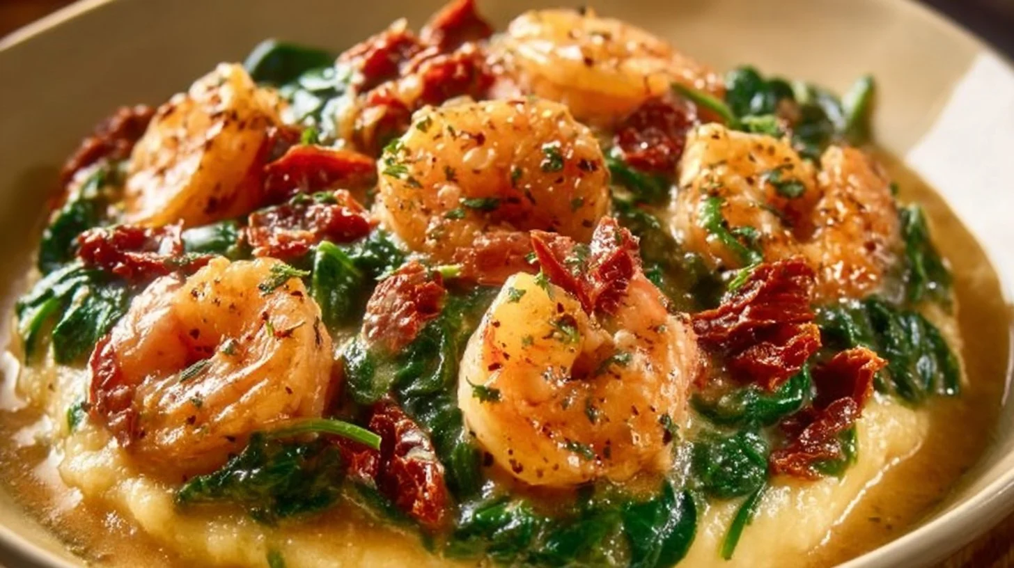 Creamy Tuscan garlic shrimp served in a dish with herbs and pasta