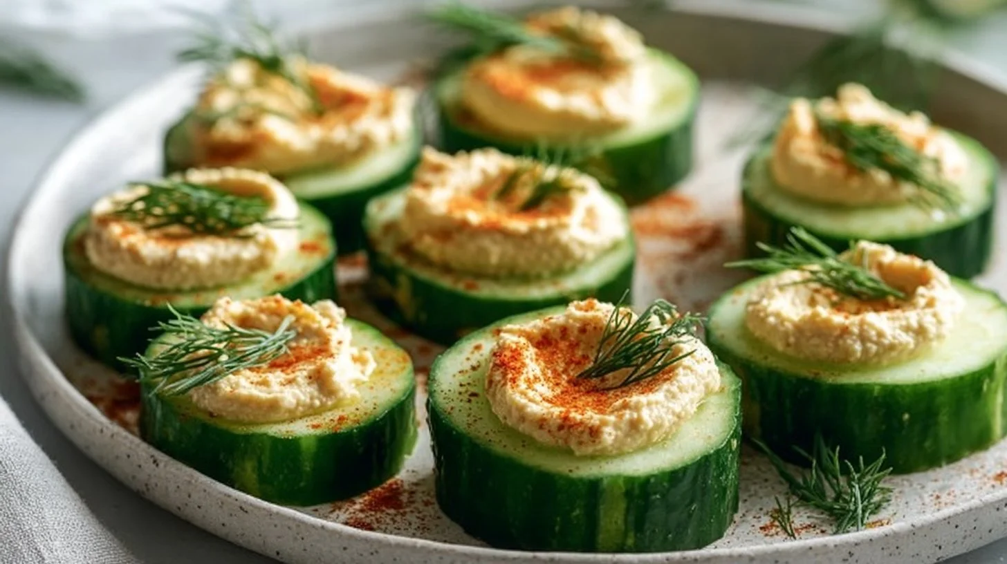 Cucumber and hummus bites served on a platter for a healthy snack option.