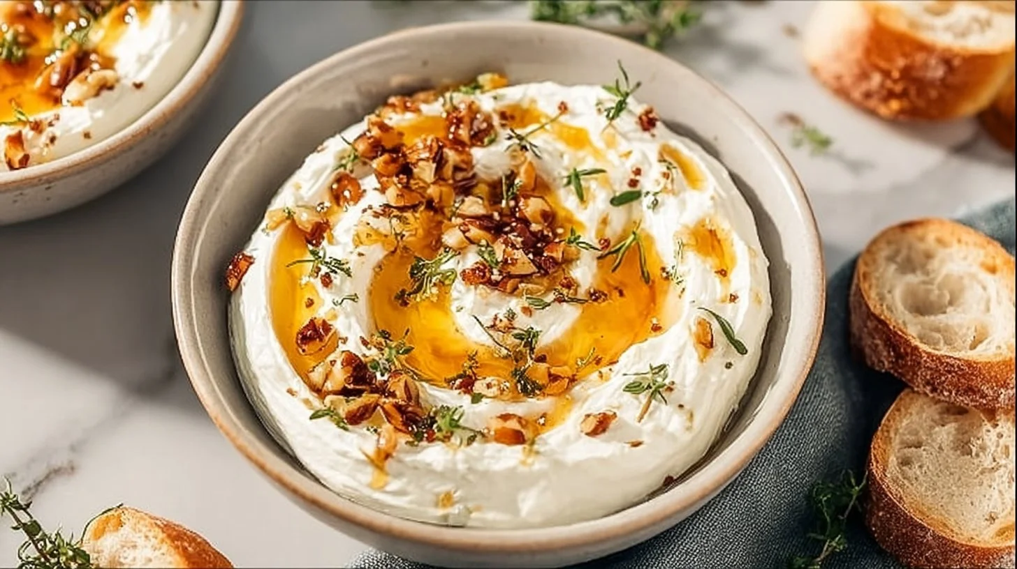 Delicious ricotta dip topped with hot honey, perfect for appetizers.