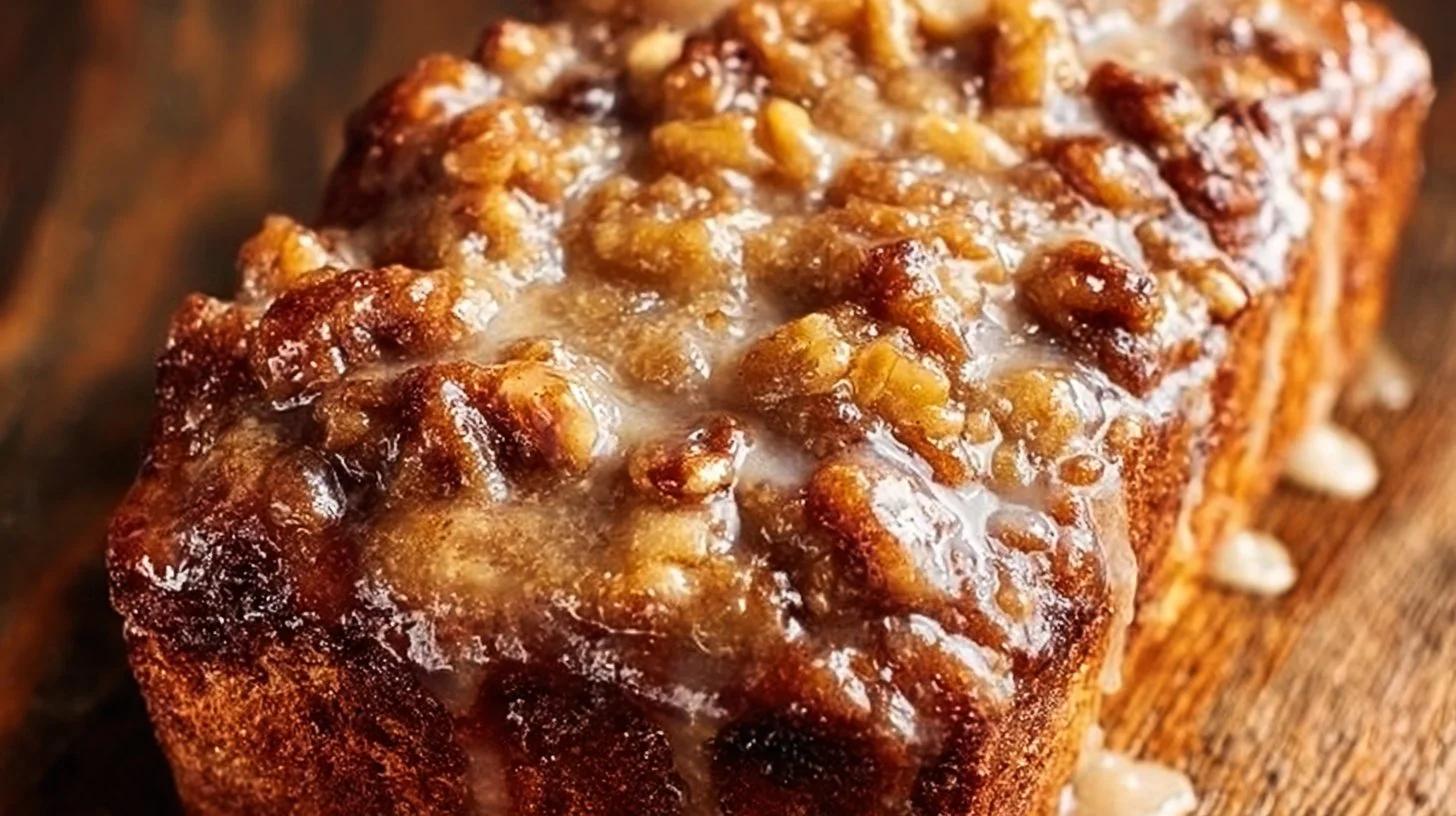 Delicious Easy Amish Apple Fritter Bread topped with glaze on a wooden table.
