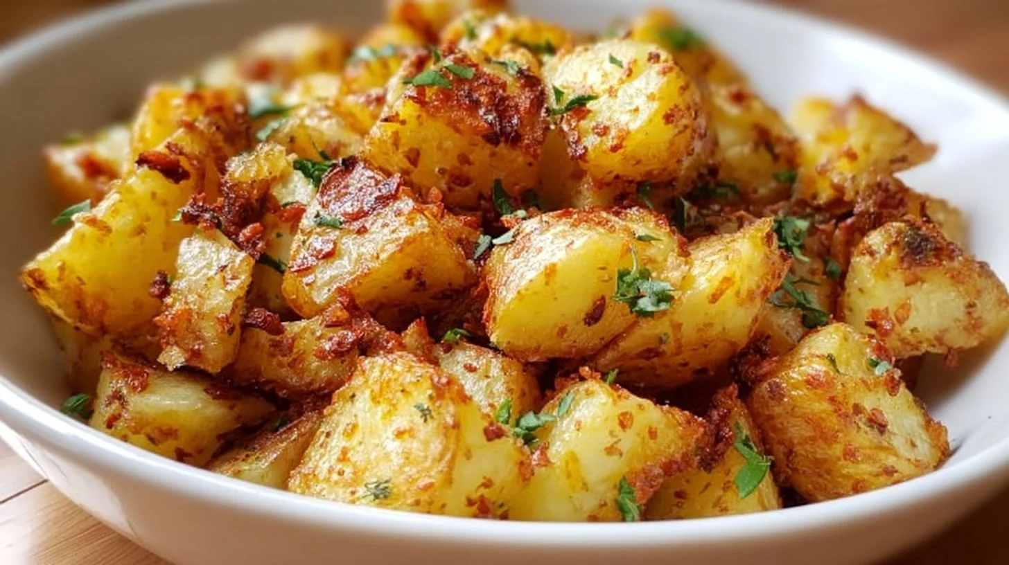 Crispy easy breakfast potatoes served with a side of eggs and fresh herbs.