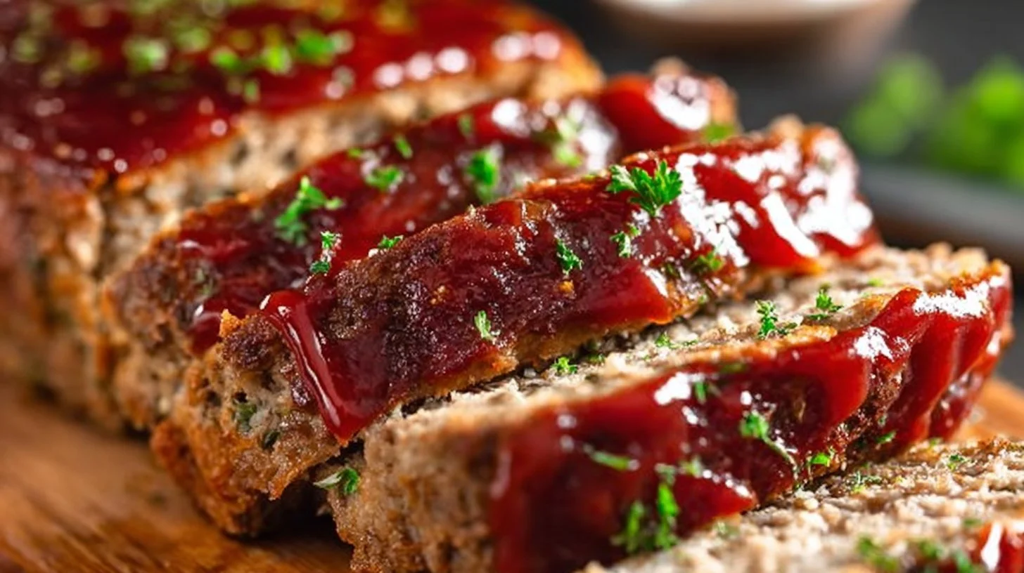 Delicious and easy meatloaf recipe served with mashed potatoes and green beans