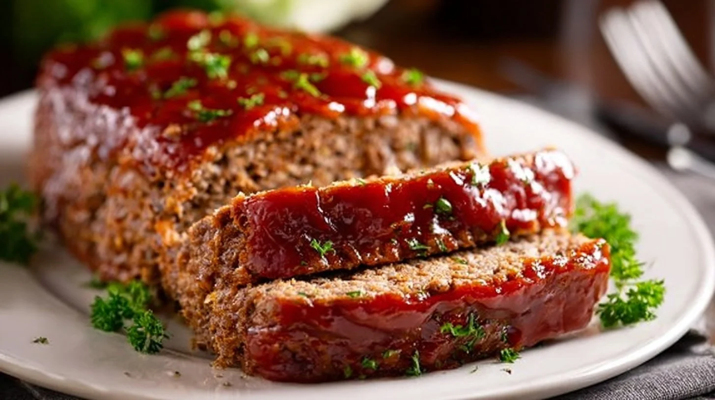 Deliciously served easy meatloaf recipe on a dinner plate