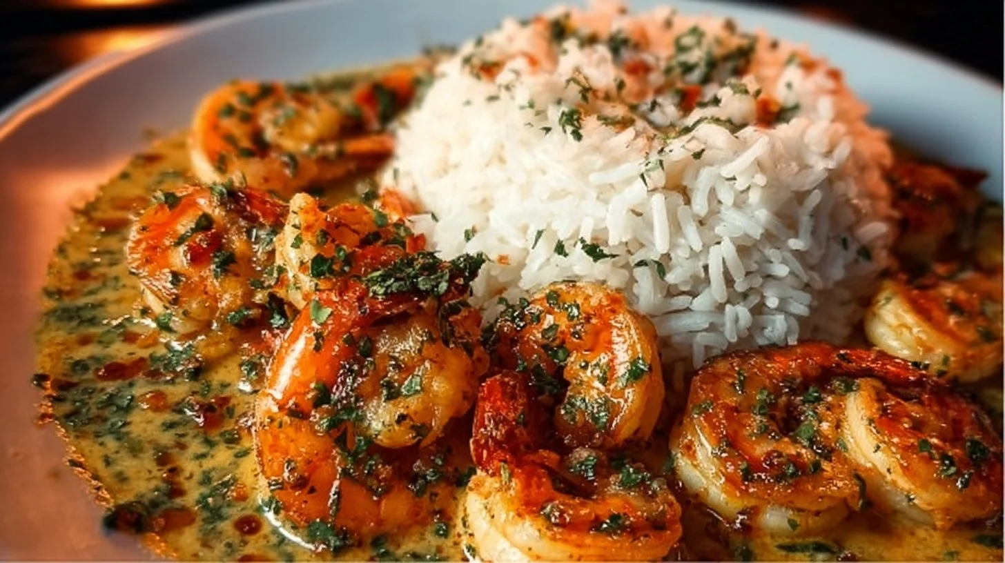 Easy shrimp and rice dish topped with fresh herbs and served in a bowl