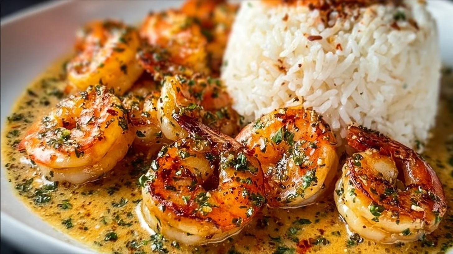 Delicious plate of shrimp and rice with herbs and spices