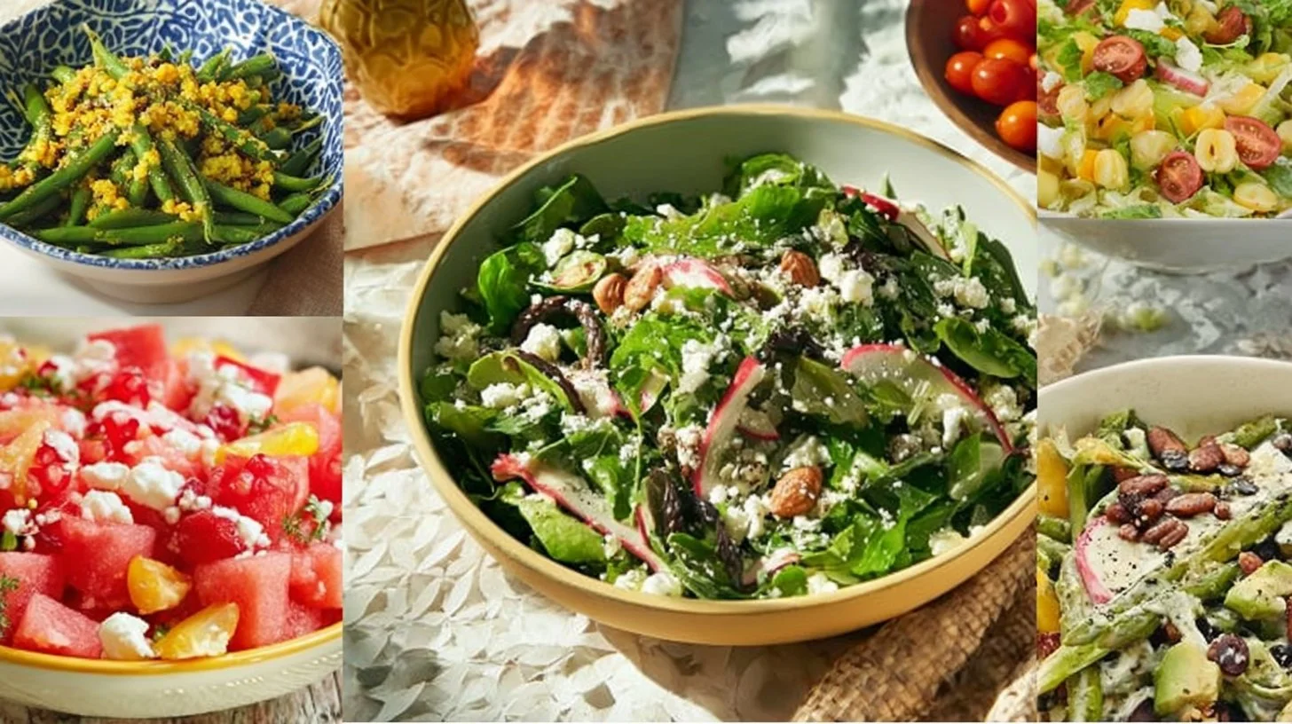 A colorful spring salad featuring fresh greens, vegetables, and flowers.