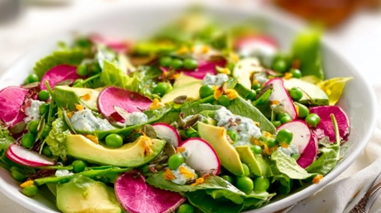 A colorful fresh spring salad with seasonal vegetables and vibrant dressing.