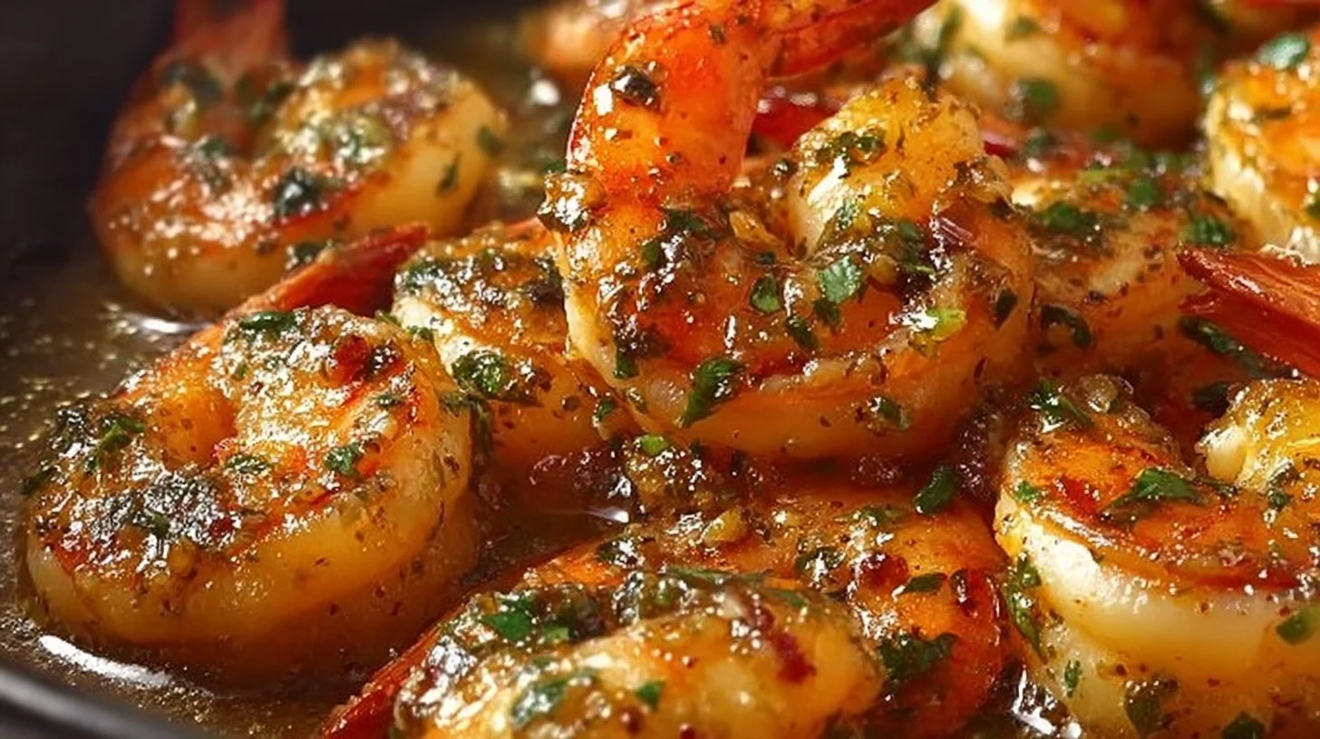 Delicious Garlic Butter Shrimp served in a skillet with herbs