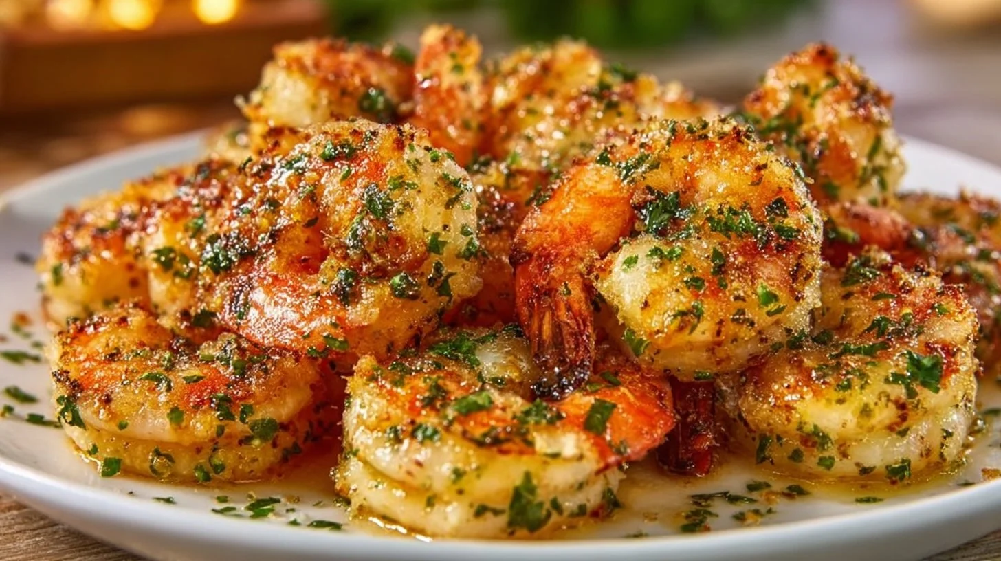 Garlic parmesan roasted shrimp served on a plate with herbs