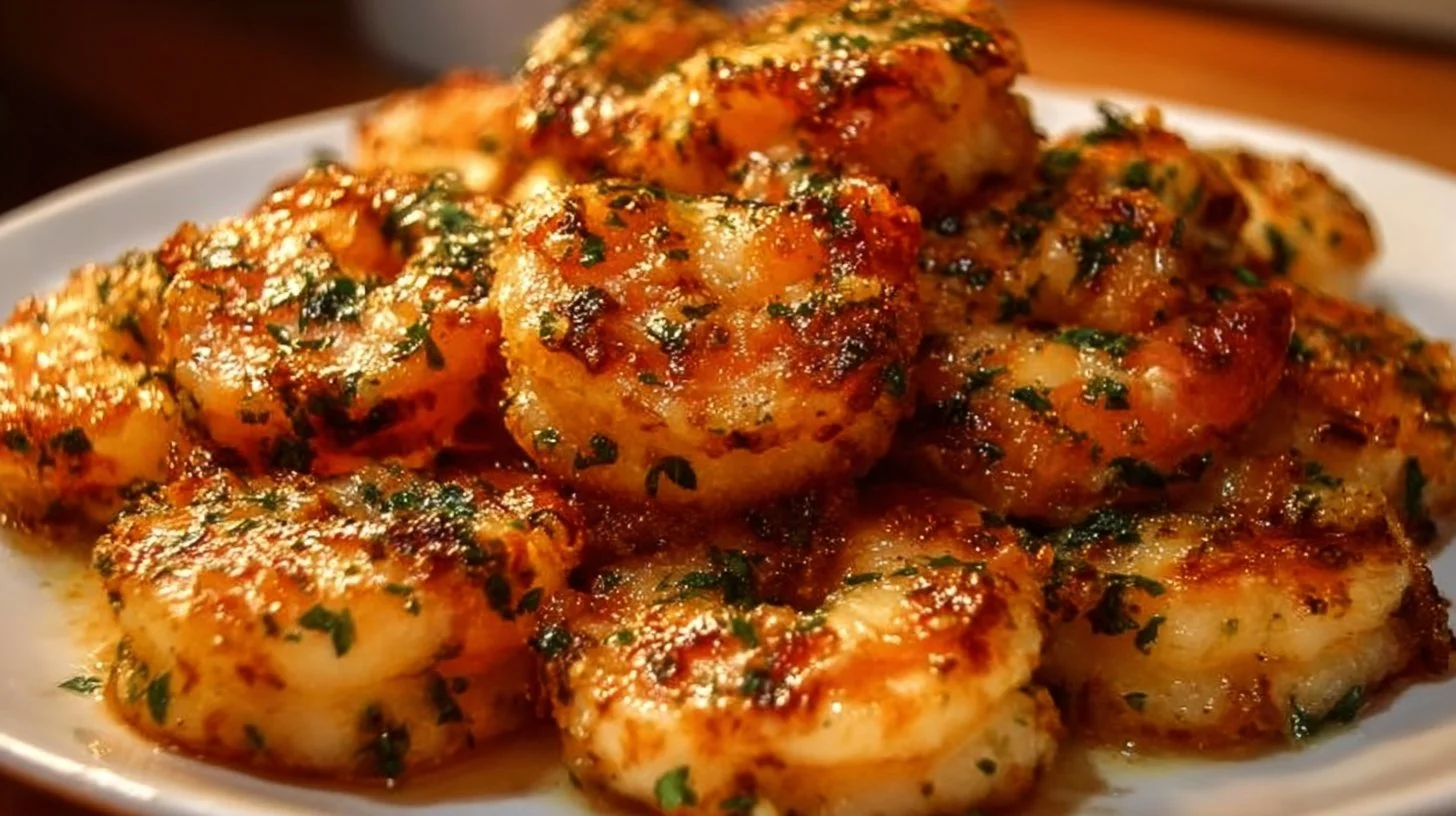 Plate of Garlic Parmesan Roasted Shrimp garnished with parsley and lemon slices.