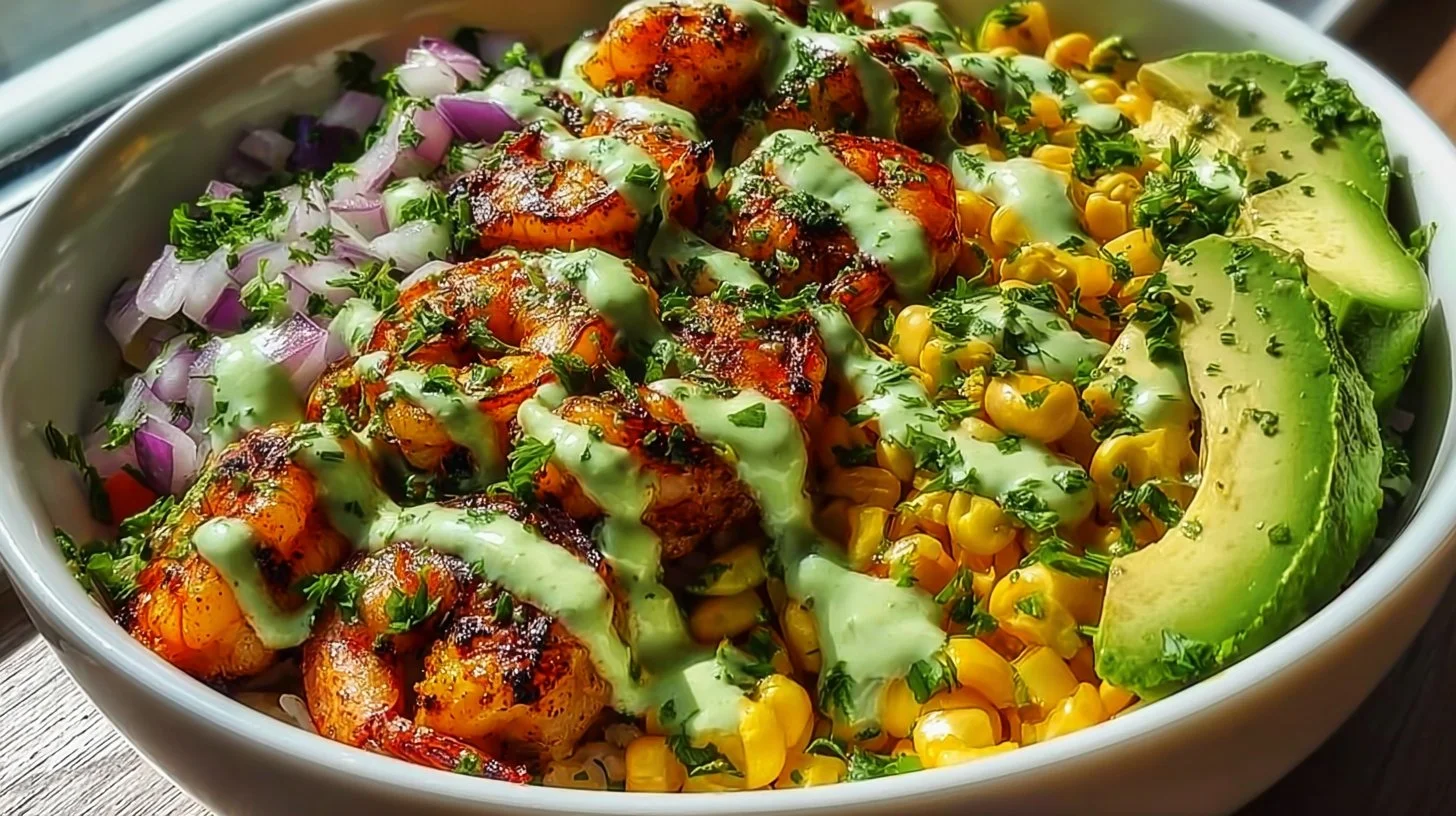 Grilled shrimp bowl with avocado, fresh vegetables, and a drizzle of sauce