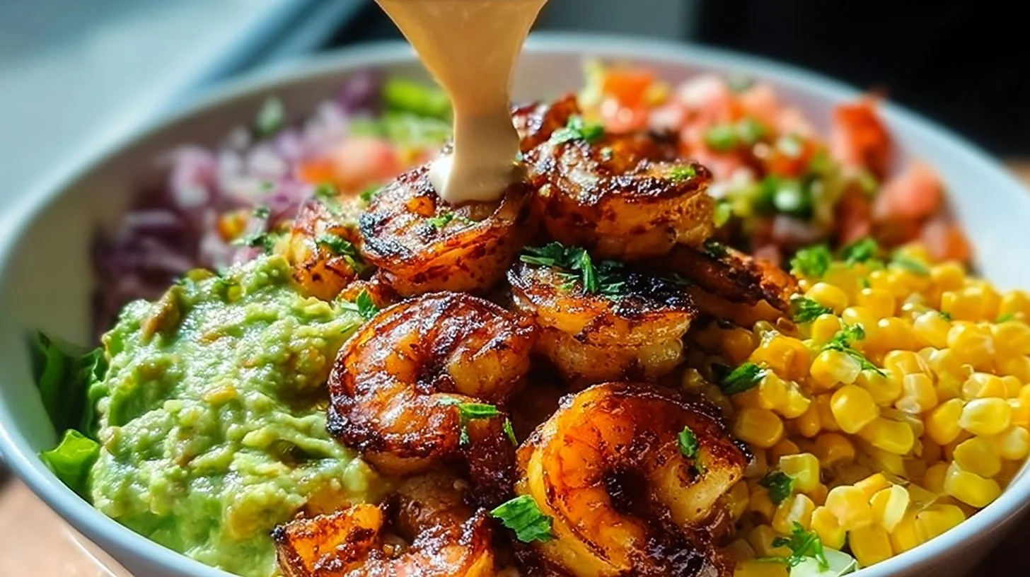 Delicious grilled shrimp bowl topped with fresh avocado and vegetables.