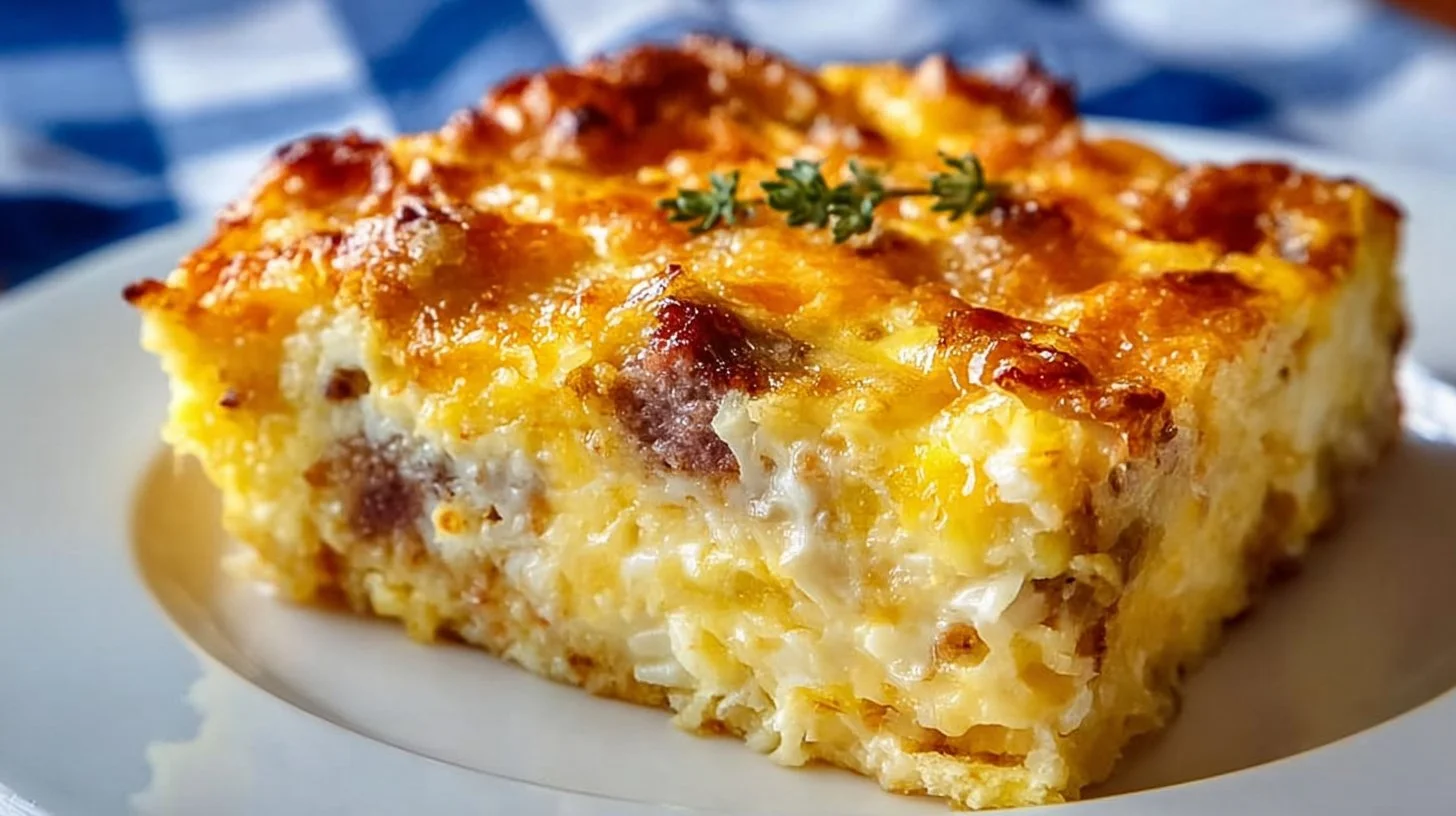 Delicious hash brown egg casserole ready to serve with cheese and herbs.
