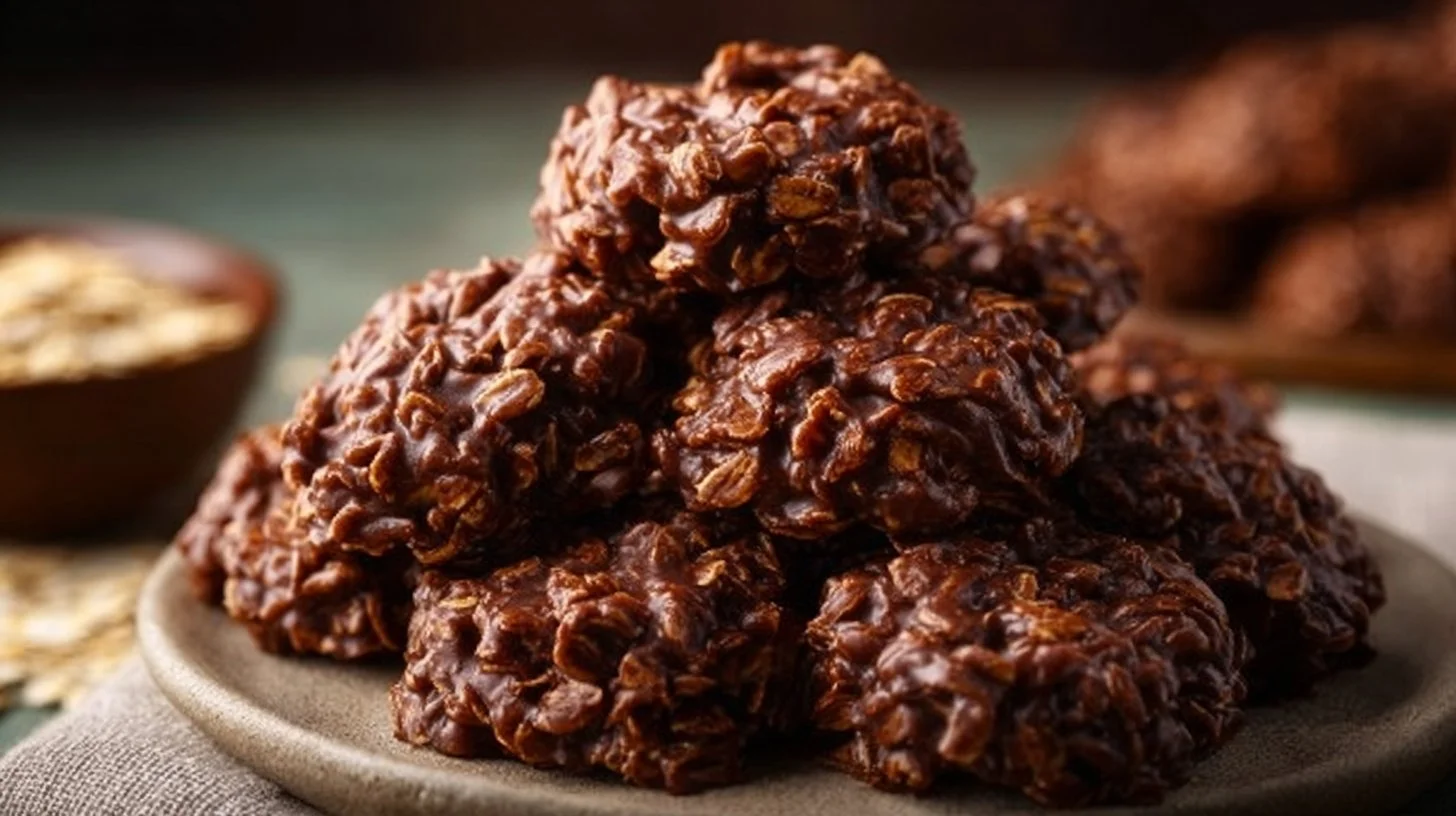 Healthy no bake chocolate oatmeal cookies on a plate