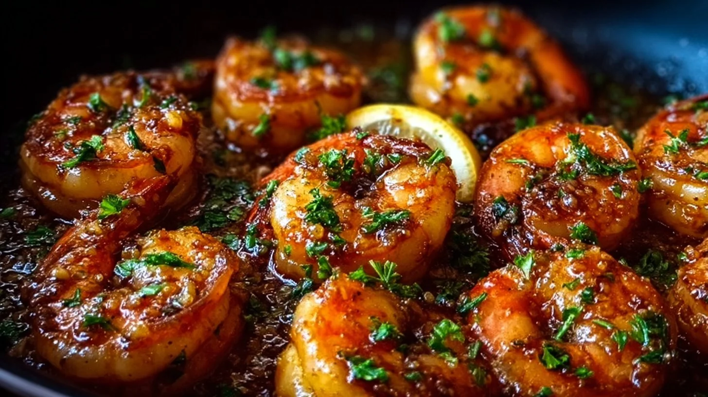 Plate of honey garlic shrimp garnished with green onions and sesame seeds